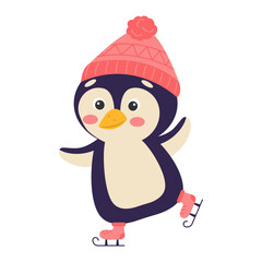 Cute cartoon penguin is skating. Vector illustration.
