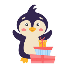 Cute cartoon penguin with gifts. Vector illustration.