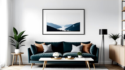 mockup frame on a shelf in the living room interior Scandinavian style. modern living room