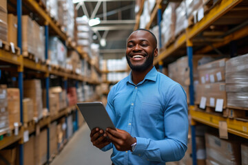 Fototapeta premium Joyful Salesman Managing Inventory with Tablet