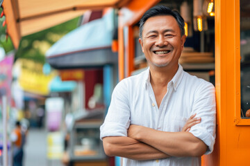 Obraz premium Joyful Asian Entrepreneur at Food Truck
