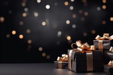 Black gift boxes with golden ribbons on a dark table, against a bokeh light background, ideal for luxury gift promotions, holiday sales, or exclusive offer advertisements. Copy space.