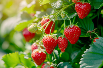 Ripe Strawberries Hanging on the Plant in Sunlit Garden