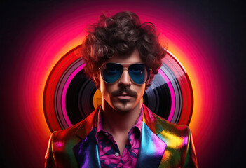 80's Funky Man with Colorful Blazer in Front of a Vinyl Record Spiral background