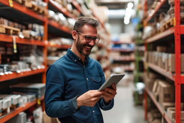Jovial Sales Associate Using Tablet for Inventory Control