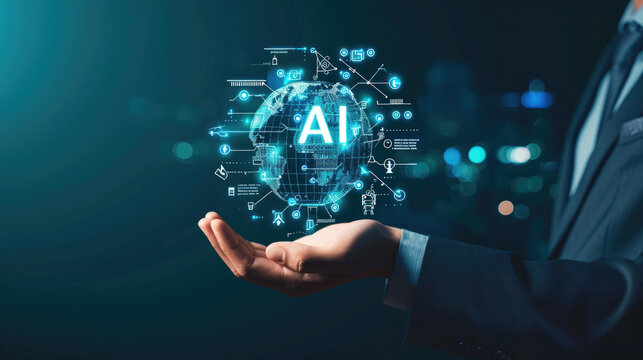 Businessman hand holding virtual earth icons with text "AI" digital chatbot, robot application, conversation assistant, AI Artificial Intelligence concept, digital chatbot virtual screen.