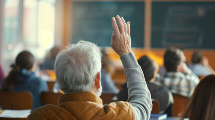 Back view of older student raising his hand to answer teacher's question during education training class - obrazy, fototapety, plakaty