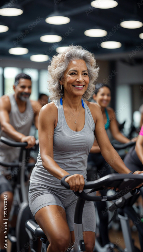 Wall mural smiling mature woman smiling doing sports in the gym, senior people in group exercising, stationary 