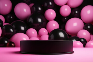 Stylish podium with pink and black balloons. Mock up for product, cosmetic presentation. Platform for beauty products. Empty scene. Stage, display, showcase. Podium with copy space.