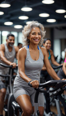 smiling mature woman smiling doing sports in the gym, senior people in group exercising, stationary fitness bikes in the gym	