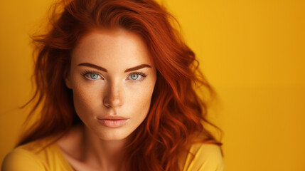 Fototapeta premium Beautiful woman with red hair on a yellow background 