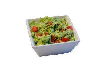 Bowl of guacamole isolated on white background