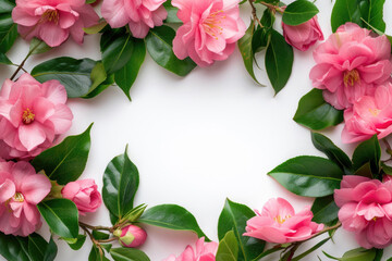 A captivating arrangement of delicate pink flowers encircled by a lush frame of green leaves