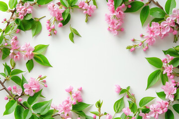 Fototapeta na wymiar A captivating arrangement of delicate pink flowers encircled by a lush frame of green leaves