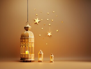 Fototapeta premium golden ramadan or muslim holiday and festival lantern. golden lantern with crescent and stars. Ramadan mubarak 3d social media post design template