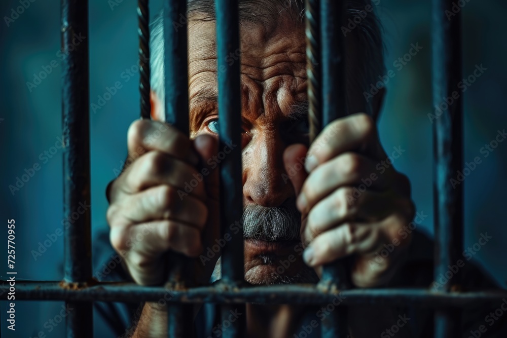 Poster A close-up view of a person behind bars. This image can be used to depict themes of confinement, imprisonment, justice, or crime
