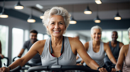 Fototapeta premium Elderly woman taking indoor cycling class at fitness center, doing cardio riding bike, space for text