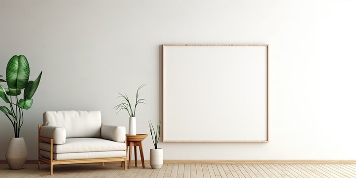 Art displayed in an empty frame within a room's design.