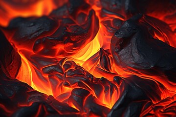 Close-up of molten lava with glowing red and orange hues, ideal for illustrating concepts related to geology, nature, or danger.