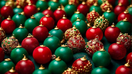 AI generated illustration of a background with many red, green, and gold ornaments