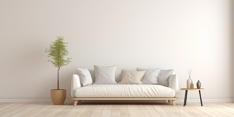 Nordic-inspired interior with modern couch. White wall backdrop for text.