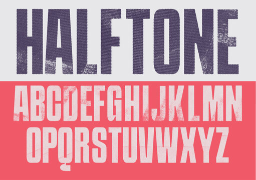 Rough Halftone font bold Condensed Font in all uppercase. Individually textured characters with a halftone texture. Bright colours