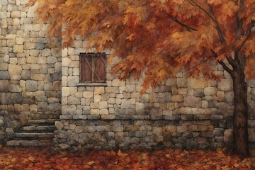 Autumn landscape with a stone wall and a window