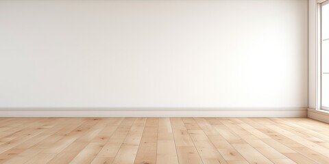 Indoor space with bare white wall and wooden floor.