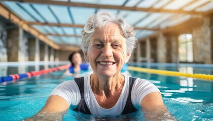 Active mature women enjoying aqua gym class in a pool, healthy retired lifestyle with seniors doing aqua fit sport