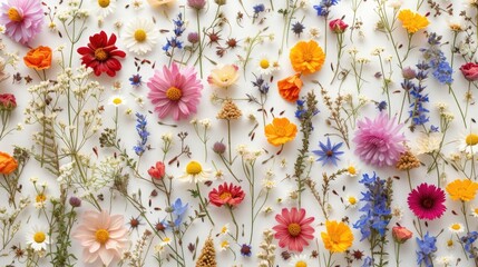 A variety of wildflowers are scattered on a white background. Flower composition. pressed dried flowers of wild plants.