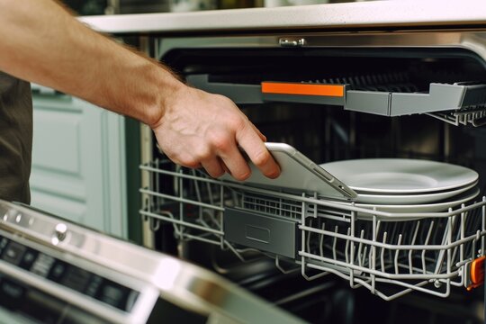 A person is seen putting dishes in a dishwasher. This image can be used to illustrate household chores or cleanliness
