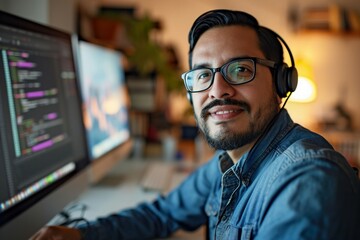 a man wearing headphones and smiling at the camera
