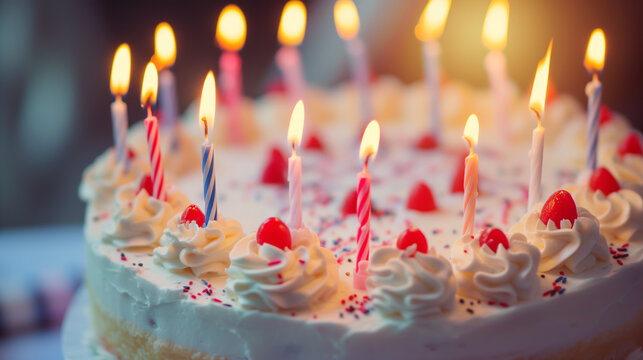 Birthday cake with lit candles, symbolizing celebration and happy moments. Close up wallpaper with shallow field of view.
