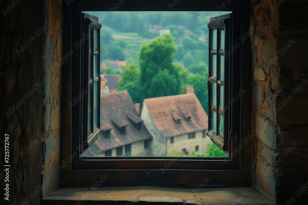 Poster A view of a village seen through an open window. Perfect for adding a touch of countryside charm to any project