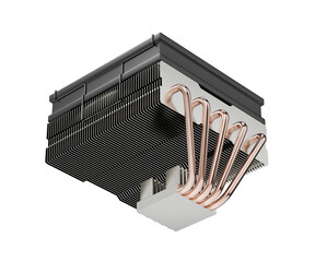 Below view of a low-profile cpu cooler with five copper heat pipes on transparent background