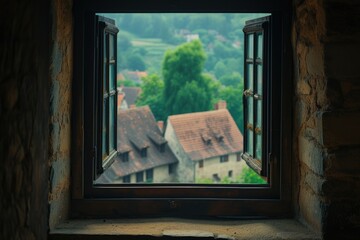 A view of a village seen through an open window. Perfect for adding a touch of countryside charm to any project © Fotograf