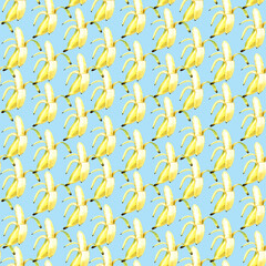 Seamless pattern with bananas on blue background, hand painted watercolor, summer tropical fruit, summer party, ripe banana, bananas bunch, 300 dpi 