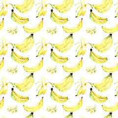 Seamless pattern with bananas, hand painted watercolor, summer tropical fruit, summer party, ripe banana, bananas bunch, 300 dpi 