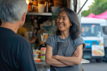 Smiling Asian Woman Posing proudly Beside Street Food Stall
