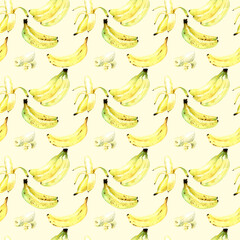 Seamless pattern with bananas on yellow background, hand painted watercolor, summer tropical fruit, summer party, ripe banana, bananas bunch, 300 dpi 