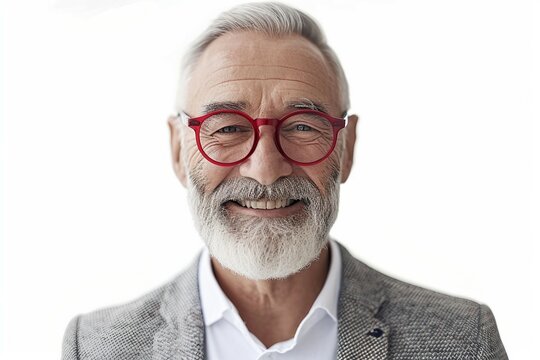 Vieille homme barbue dans un costume avec des lunettes rouges