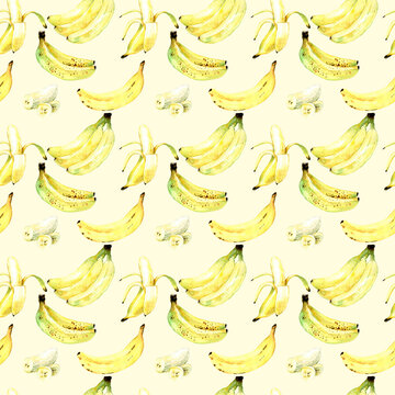 Seamless pattern with bananas on yellow background, hand painted watercolor, summer tropical fruit, summer party, ripe banana, bananas bunch, 300 dpi 