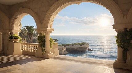  Capture the sunlit beauty of coastal cliffs featuring natural stone arches, sculpted by the elements and framing the expansive view of the ocean