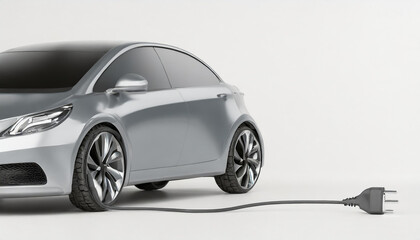 Gray electric car connected to charger on white background with copy space. E car concept banner....