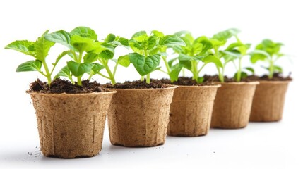 Biodegradable plant pots with young seedlings on a white background, concept of sustainable gardening