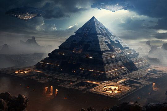 Futuristic aztec pyramid with spaceships sci fi