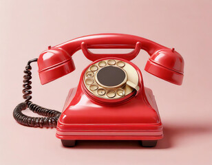 Vintage telephone. red old phone on pink background. 3d render illustration