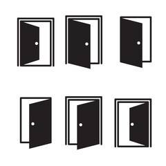 Door icons set. Open, close and ajar door. Doors collection. Doors pictogram isolated on white background. Stock vector element.