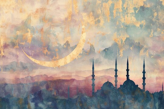 a watercolor scene of Ramadan Art of a crescent moon