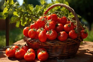 Photo of a basket filled with fresh tomatoes